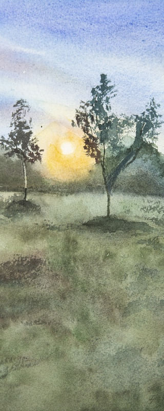 ÁRVORES E PÔR-DO-SOL EM AQUARELA