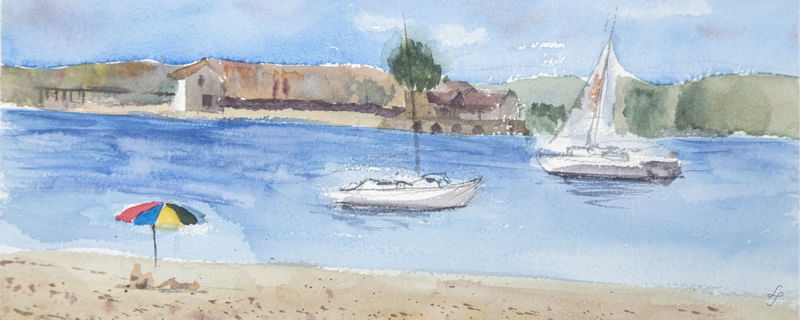 VERÃO E PRAIA COM VELEIROS EM AQUARELA