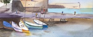 BARCOS ANCORADOS NO CAIS EM AQUARELA