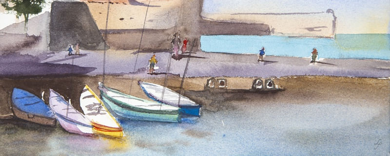 BARCOS ANCORADOS NO CAIS EM AQUARELA
