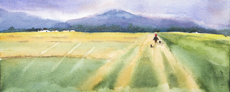 CAMPO COM MONTANHA EM AQUARELA