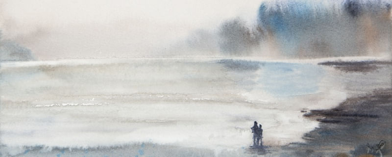 CASAL NA BEIRA DO LAGO EM AQUARELA