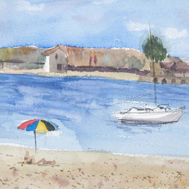 BANHISTAS E VELEIRO EM AQUARELA
