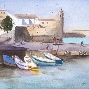 BARCOS E CANOAS NO PORTO EM AQUARELA