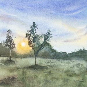 PÔR-DO-SOL ENTRE ÁRVORES EM AQUARELA