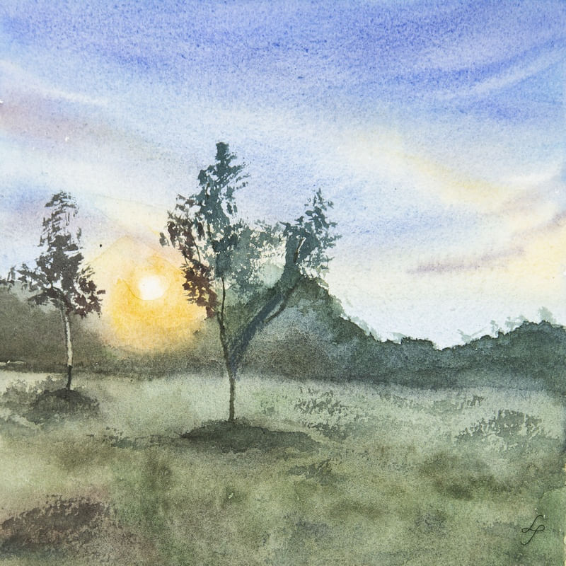 PÔR-DO-SOL ENTRE ÁRVORES EM AQUARELA