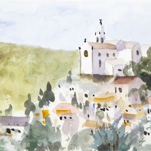 MORRO E CASAS INTERIORANAS EM AQUARELA