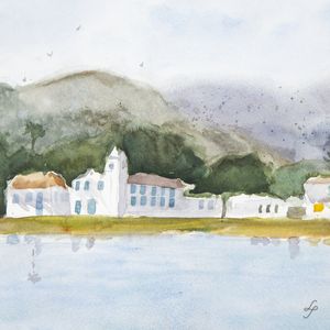 CASAS E IGREJA NO INTERIOR EM AQUARELA