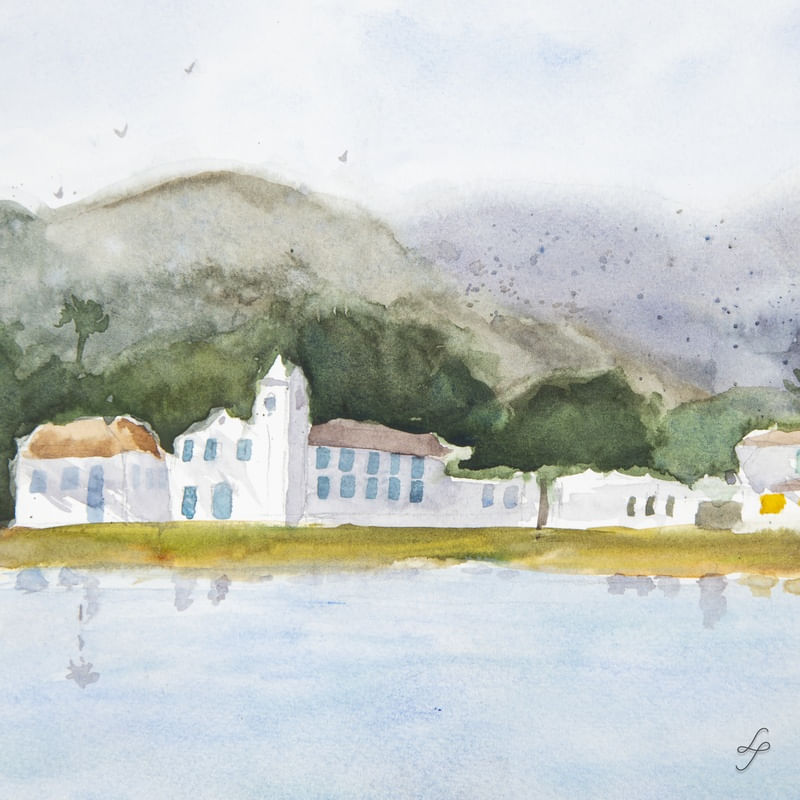 CASAS E IGREJA NO INTERIOR EM AQUARELA