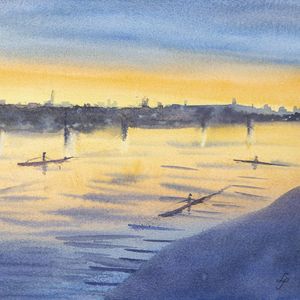CANOAS E CAIAQUES AO PÔR-DO-SOL EM AQUARELA