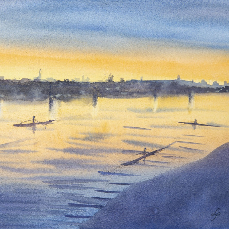 CANOAS E CAIAQUES AO PÔR-DO-SOL EM AQUARELA