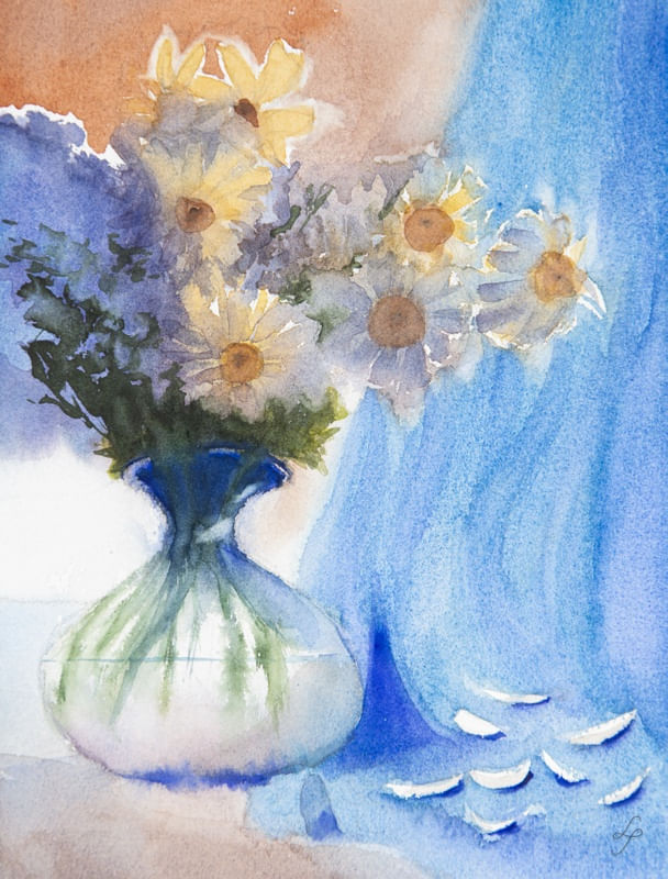 VASO COM FLORES E PÉTALAS EM AQUARELA