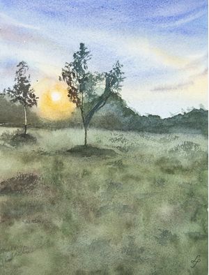PÔR-DO-SOL ENTRE ÁRVORES E MONTANHAS EM AQUARELA