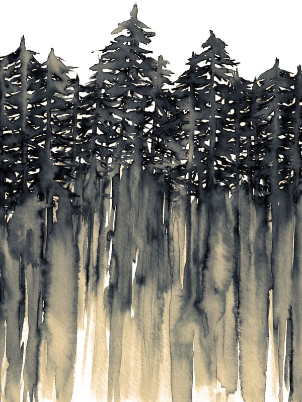 FOREST THROUGH THE TREES, PRETO SEPIA BEGE FLORESTA ARVORES MODERNO AQUARELA PINTURA