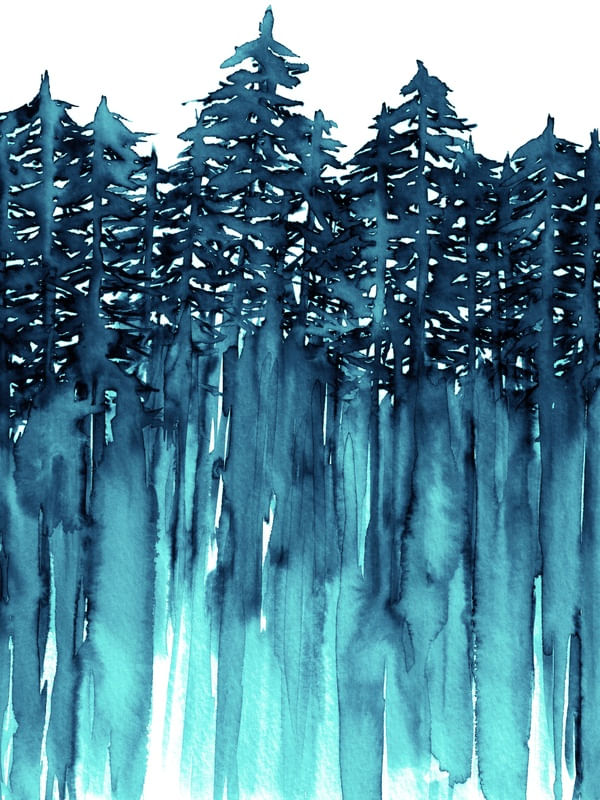 FOREST THROUGH THE TREES, CERCETA AZUL FLORESTA ARVORES MODERNO AQUARELA PINTURA
