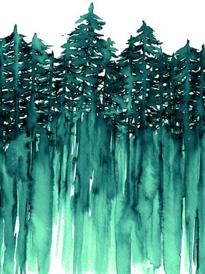 FOREST THROUGH THE TREES, VIBRANTE MENTA VERDE FLORESTA ARVORES MODERNO AQUARELA PINTURA