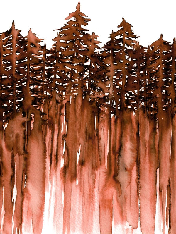 FOREST THROUGH THE TREES, MARROM LARANJA FLORESTA ARVORES MODERNO AQUARELA PINTURA