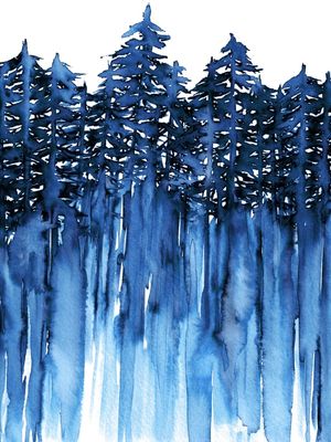 FOREST THROUGH THE TREES, INDIGO AZUL FLORESTA ARVORES MODERNO AQUARELA PINTURA