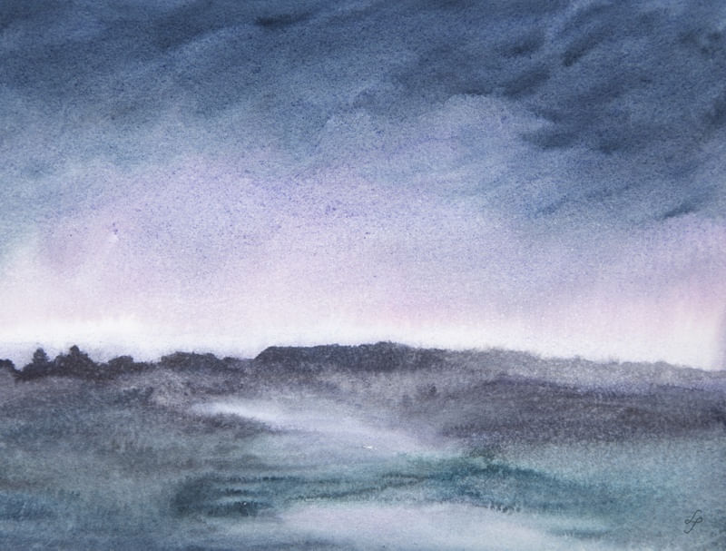 PAISAGEM LILÁS ABSTRATA EM AQUARELA