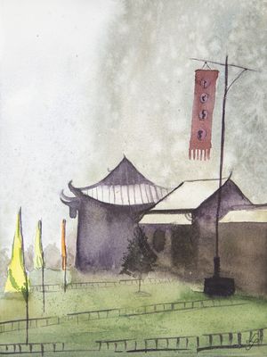 PAISAGEM ORIENTAL ENEVOADA EM AQUARELA