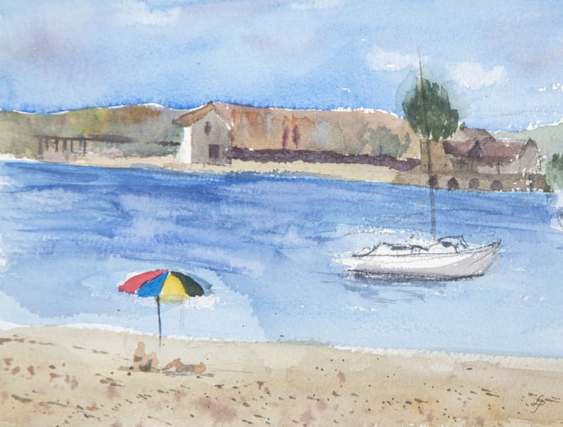 VELEIRO E PRAIA EM AQUARELA