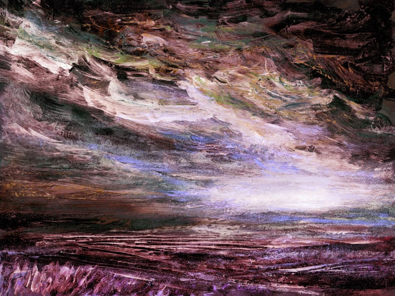 BEYOND THE VEIL 2, ROSA MARROM NUVENS TEMPESTADE ATMOSFERICO PAISAGEM ABSTRATO NATUREZA PINTURA