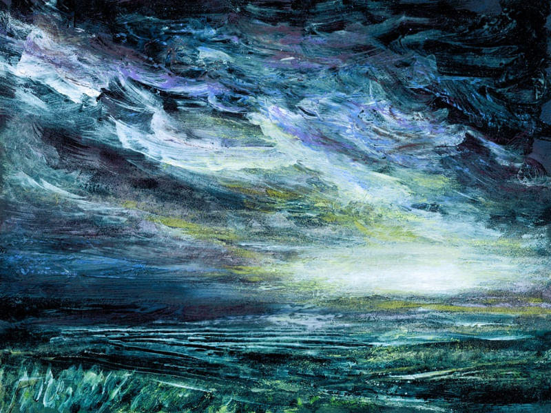 BEYOND THE VEIL 3, INDIGO AZUL NUVENS TEMPESTADE ATMOSFERICO PAISAGEM ABSTRATO NATUREZA PINTURA