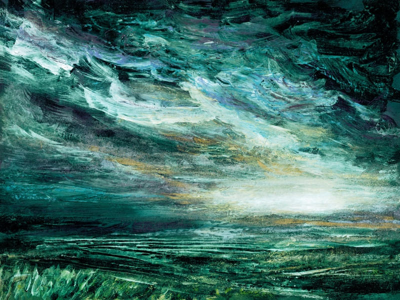 BEYOND THE VEIL 4, ESMERALDA VERDE NUVENS TEMPESTADE ATMOSFERICO PAISAGEM ABSTRATO NATUREZA PINTURA