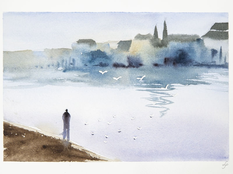 PESSOA OBSERVA MARGEM DE RIO EM AQUARELA