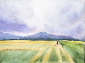 PESSOAS EM CAMPO COM CACHORROS EM AQUARELA