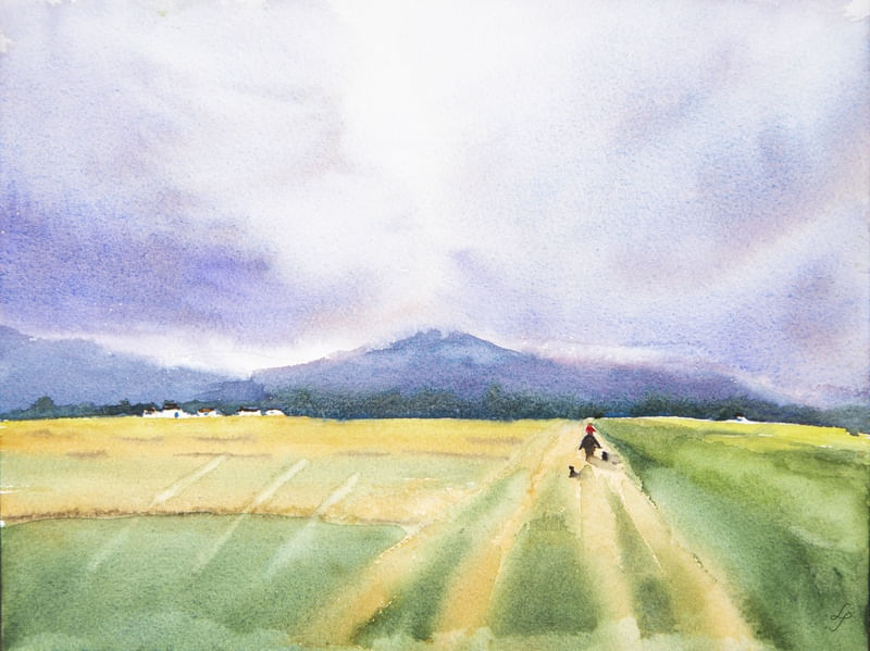 PESSOAS EM CAMPO COM CACHORROS EM AQUARELA