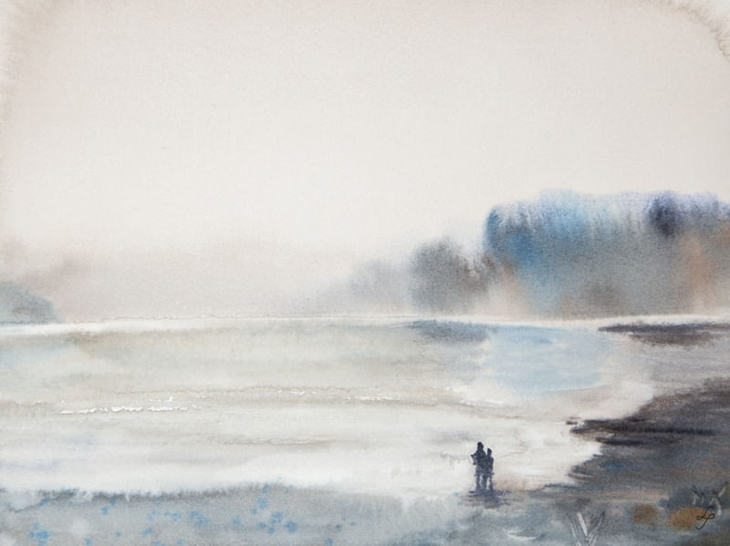 CASAL EM FRENTE AO LADO EM AQUARELA