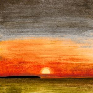 SUNDOWN 1, LARANJA CINZA VERDE PÔR DO SOL MODERNO COLORIDO NATUREZA PAISAGEM QUADRADO