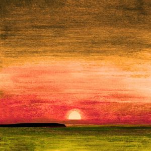 SUNDOWN 3, LARANJA CORAR VERDE PÔR DO SOL MODERNO COLORIDO NATUREZA PAISAGEM QUADRADO