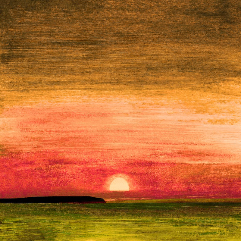 SUNDOWN 3, LARANJA CORAR VERDE PÔR DO SOL MODERNO COLORIDO NATUREZA PAISAGEM QUADRADO