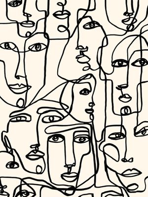 FACE MOSAIC 1 BLACK ON BEIGE, MINIMALISTA ROSTOS SKETCH ILUSTRAÇÃO