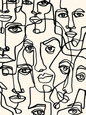 FACE MOSAIC 4 BLACK ON BEIGE, MINIMALISTA ROSTOS SKETCH ILUSTRAÇÃO
