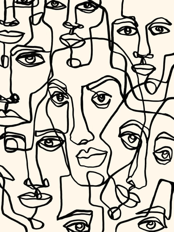 FACE MOSAIC 4 BLACK ON BEIGE, MINIMALISTA ROSTOS SKETCH ILUSTRAÇÃO