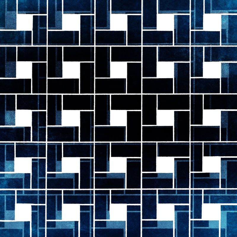 INTERLOCK 2 INDIGO AZUL PRETO E BRANCO, MODERNO GEOMETRICO QUADRADO ILUSTRAÇÃO