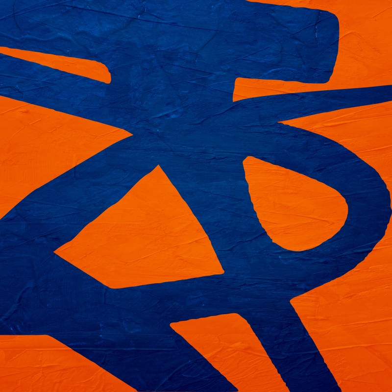 ARTE EXPRESSIONISTA ABSTRATA COLORIDA, AZUL E LARANJA, QUADRADO - (PINCELADA ABSTRATA - 09A3 - Q)