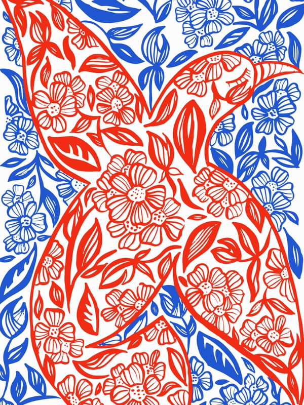 IMERSÃO - PÁSSARO E FLORES AZUL E VERMELHO