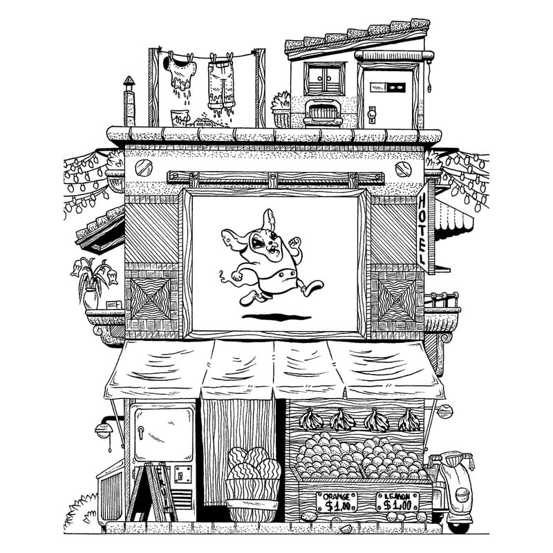 BUILDINGS AND PLACES SERIES - MARKET WITH HOUSE