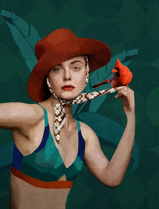 EMEL TUNABOYLU - CARDINAL BIRD AND LADY WITH RED HAT