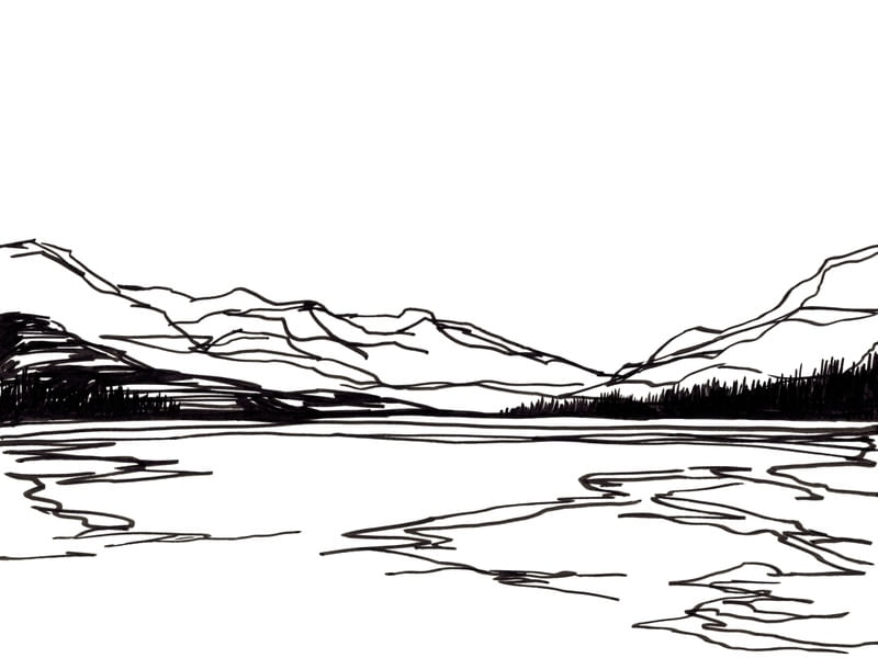 HALF WAY TO HEAVEN MINIMALISTA - PRETO E BRANCO MONTANHAS PAISAGEM SKETCH ILUSTRAÇÃO