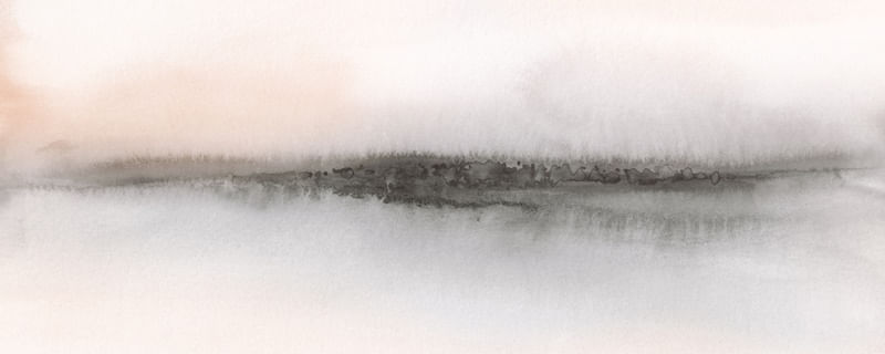 ABSTRACT WATERCOLOR LANDSCAPE IN GRAY AND CORAL - PANORAMIC