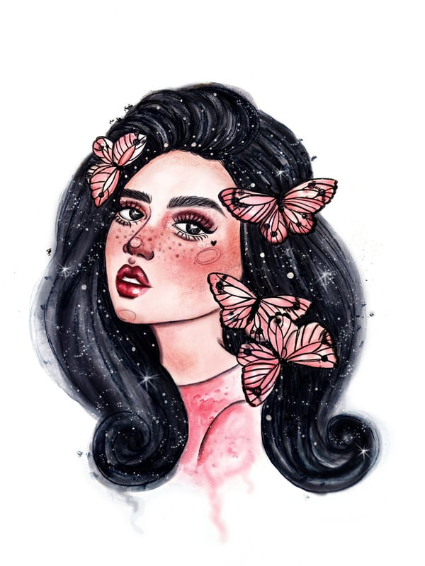 GAROTA COM BORBOLETAS EM AQUARELA