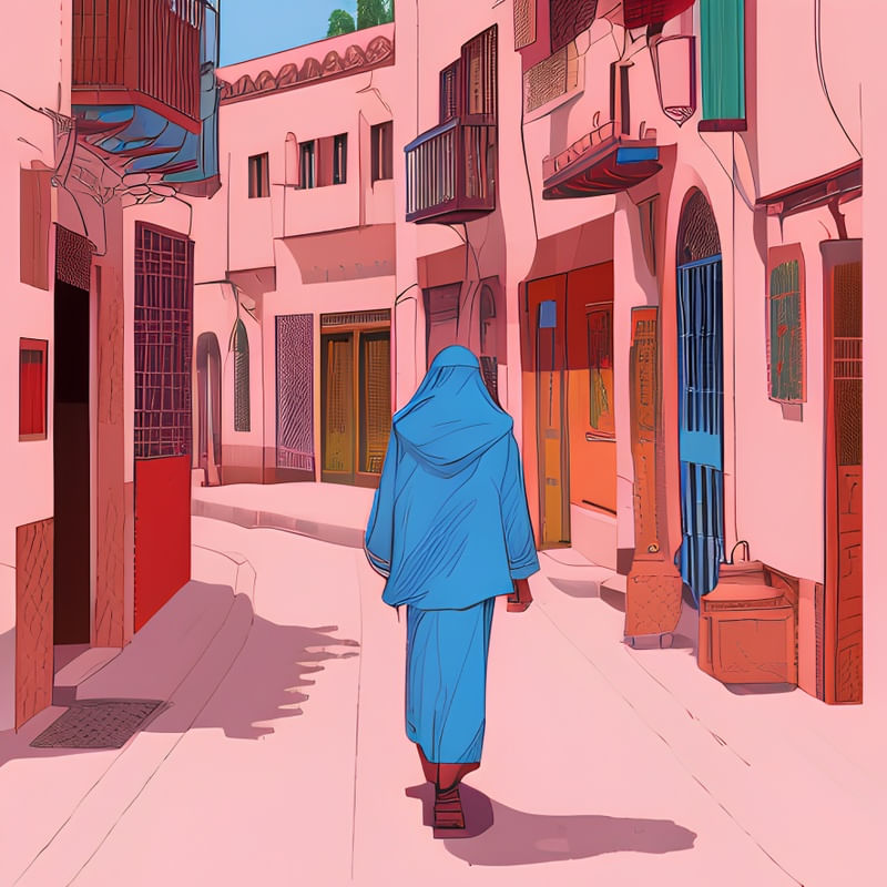 RETRATO MARROQUINO - UMA CENA DE RUA EM AZUL E ROSA BY AI