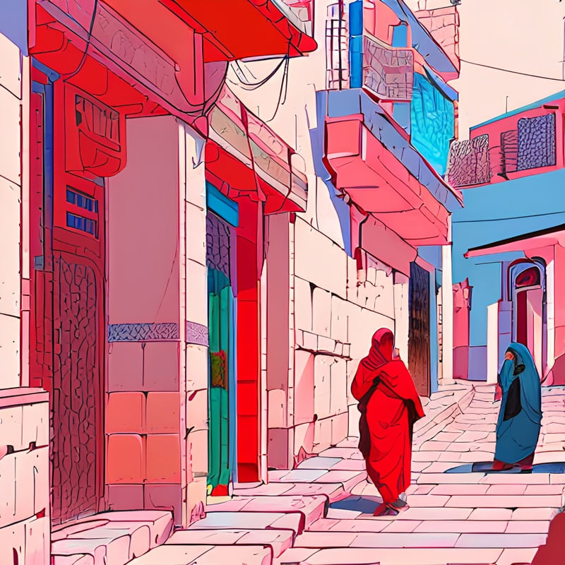 ARTE EM LINHAS ROSA E ESTILO LUSHILL RETRATA CENA DE RUA MARROQUINA - BY AI