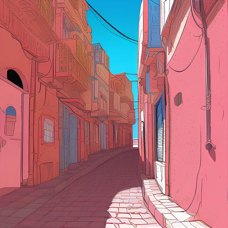 MARROCOS ORIENTAL - ESTILO LUSHILL COM DESENHO DE LINHAS DE ARTE NA CENA DE RUA BY AI