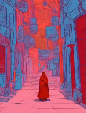ISOLADA NA RUA MARROQUINA - ILUSTRAÇÃO COM TEXTURA ROSA E ESTILO LUSHILL BY AI